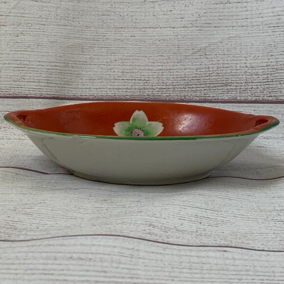Vintage Hand Painted Red Lotus Flower Oval Japanese Bowl Serving Dish Handles - Picture 5 of 16